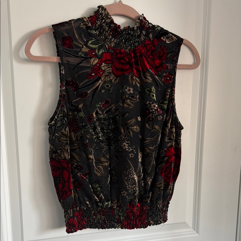 Guess Floral Velvet Lace Sleeveless Top - Black and Red